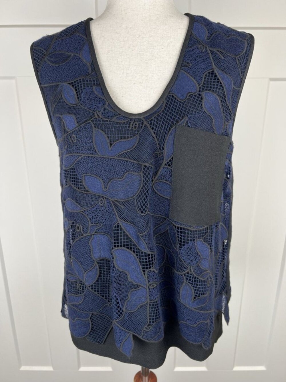GREY Jason Wu Top Womens 4 Blue Black Lace Overlay Sleeveless Pocket Hi Low Hem